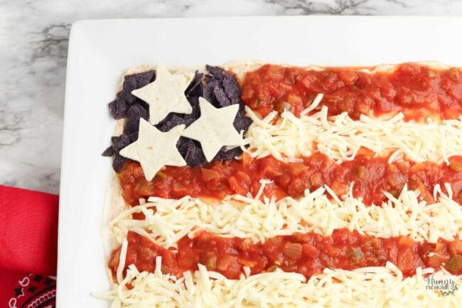 red white and blue taco salad in the shape of a flag