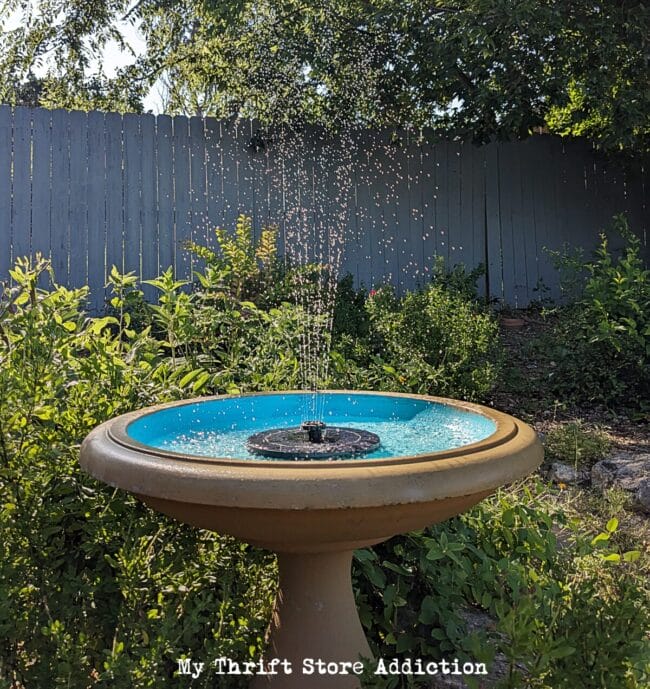 birdbath with fountain in front of green bushes and a fence
