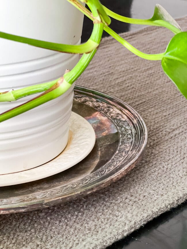partial photo of a silver platter as a plant saucer with a white pot
