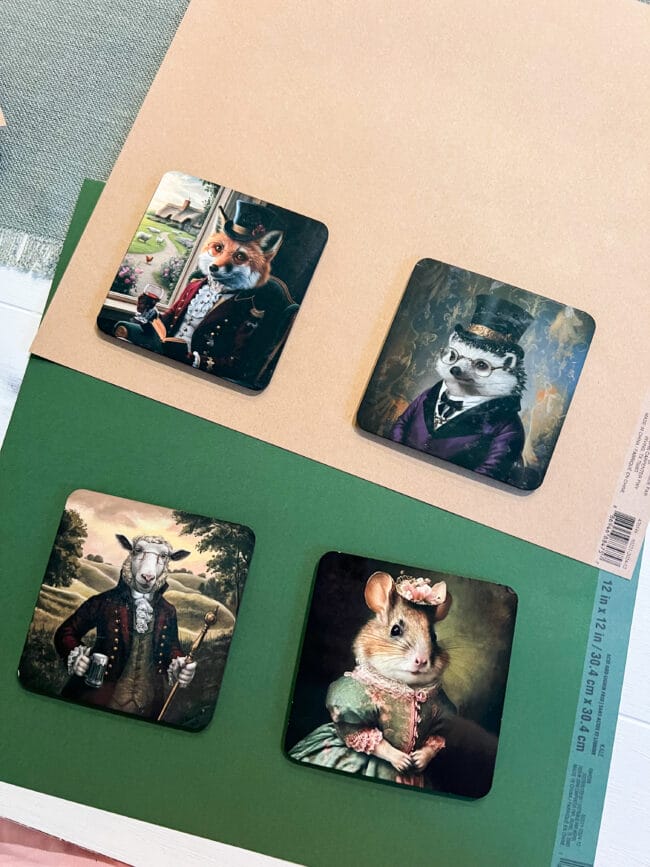 4 coasters laying on brown and green paper