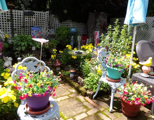 backyard garden with plants, and chairs with pots of flowers