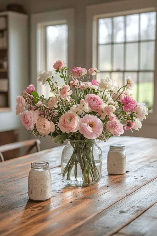 pink flowers in a clear vase on a table with two mason jar candles next to it