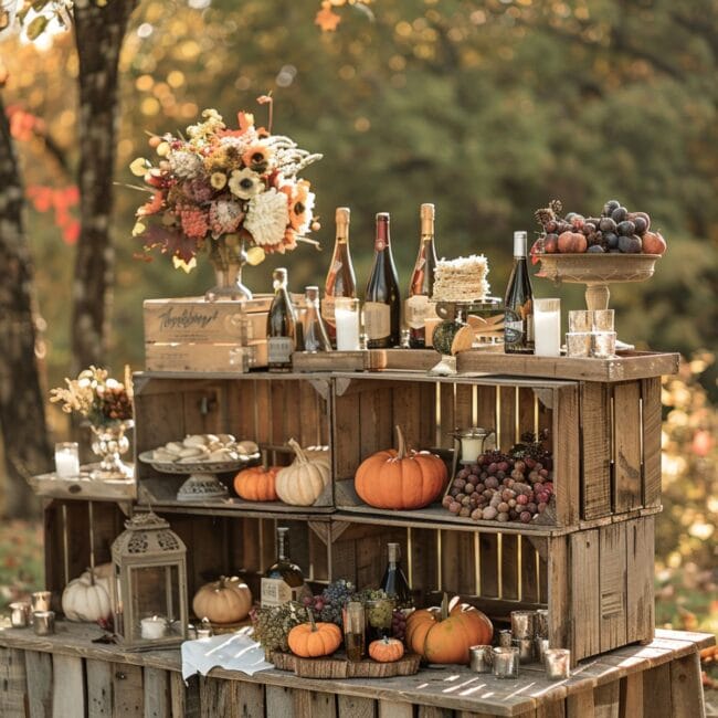 crates stacked on a table with pumpkins, wine bottles and flowers