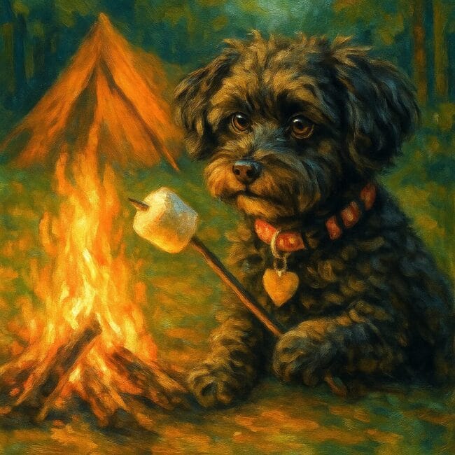 AI print of a black dog roasting a marshmallow with a fire and tent in the background