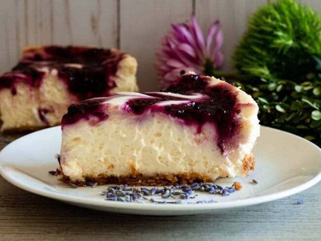 blackberry cheesecake with lavender on a white plate