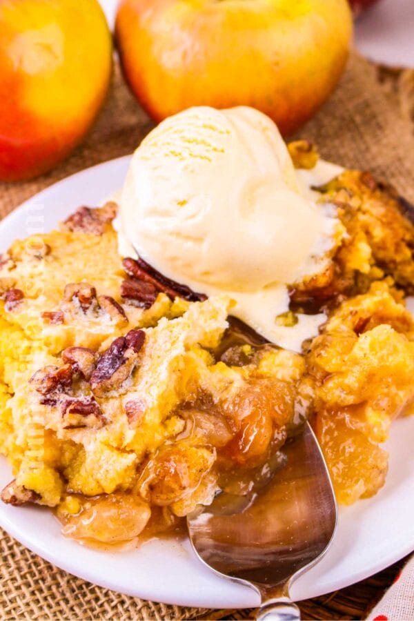apple cobbler cake with vanilla ice cream on top