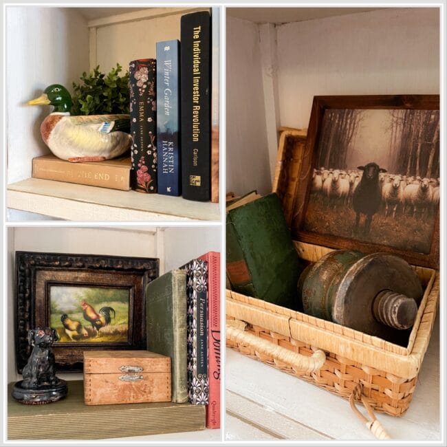 collage with books, prints, boxes, and a ceramic dog and duck