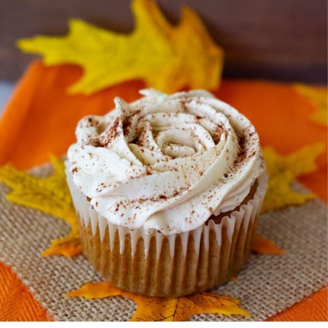 pumpkin spice cupcake with faux fall leaves around it