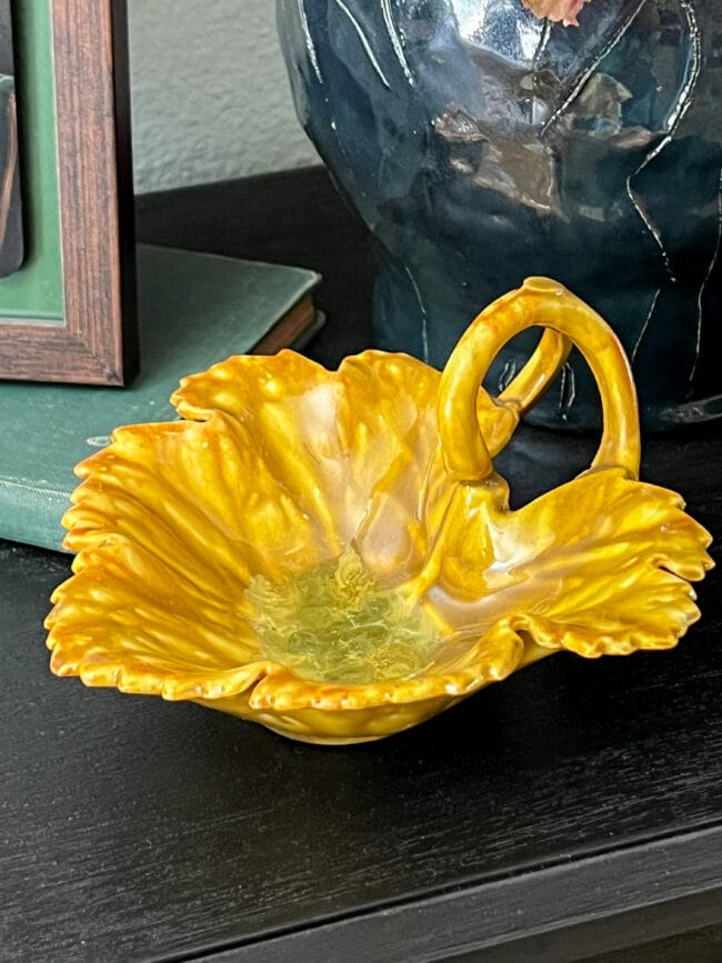 vintage yellow leaf shaped candy dish
