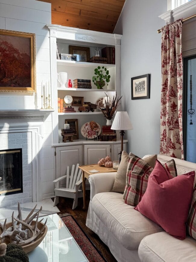 living room with falal color, bookshelves, mantel and a small chair in the corner