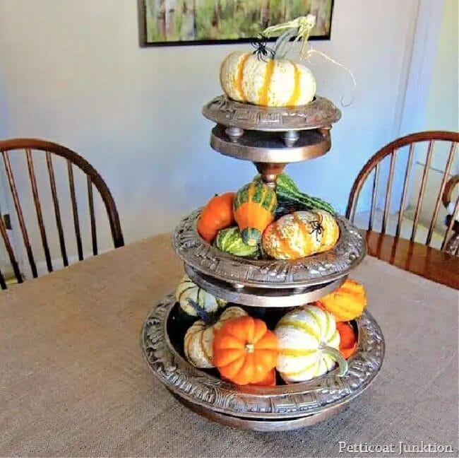 pumpkins stacked on a 3-tier DIY tray