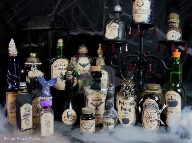several bottles of "potions" with Halloween labels
