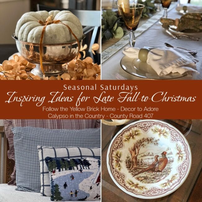 square graphic with a pumpkin in a silver footed bowl, a thanksgiving plate, blue pillows and a table runner with place setting