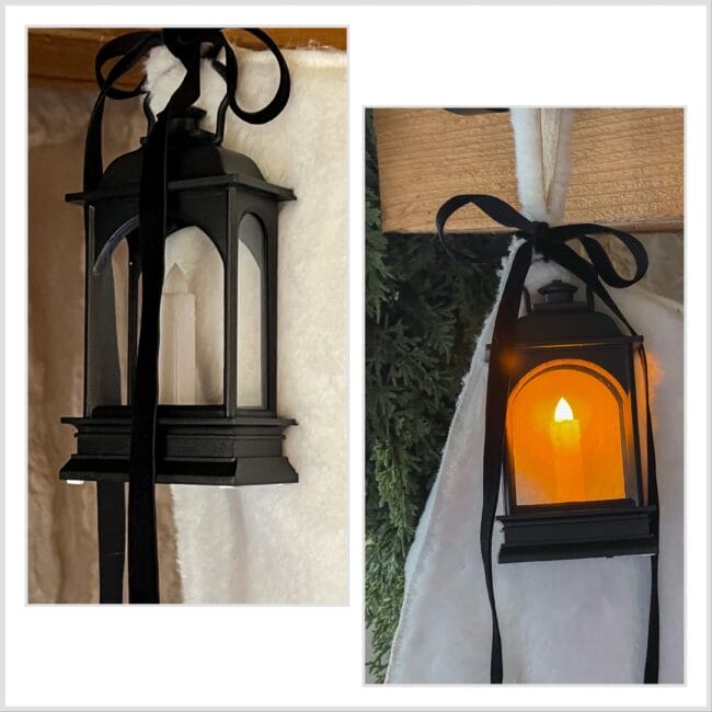 collage of a black plastic lantern. One side is lit and the other isn't. Both have black ribbons tied around it.