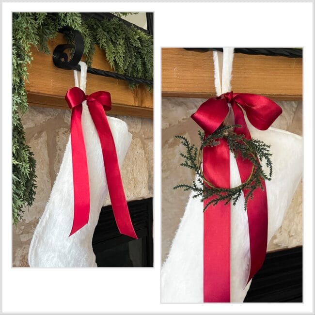 collage of white stockings with ribbon and a wreath napkin ring.