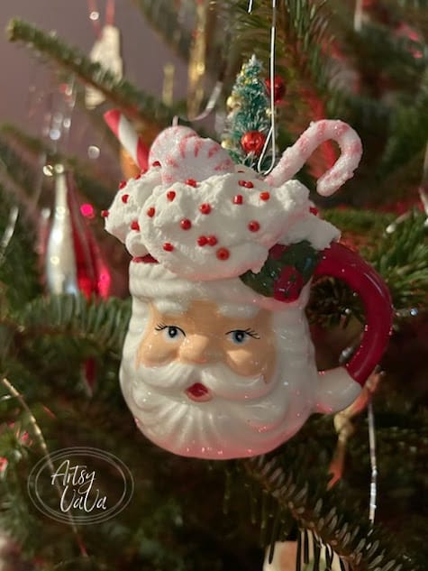 santa mug ornament with candy and foam on top