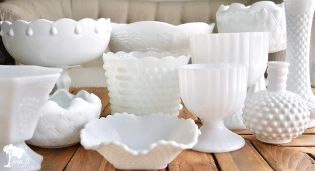 grouping of white vintage milk glass