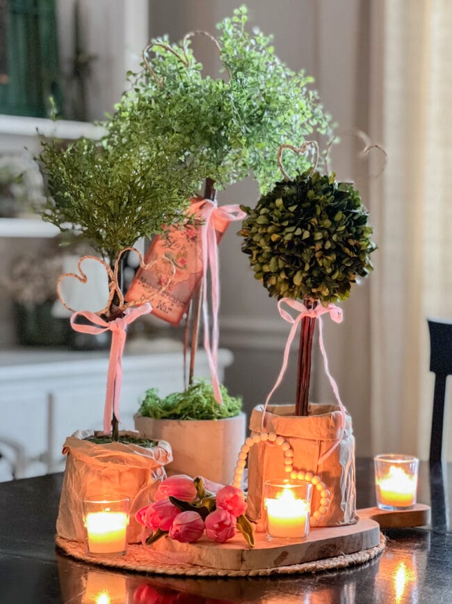 group of 3 topiaries with candles, bows and hearts