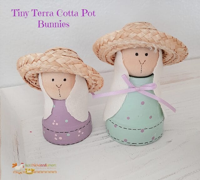 two terracotta pot bunnies with hats