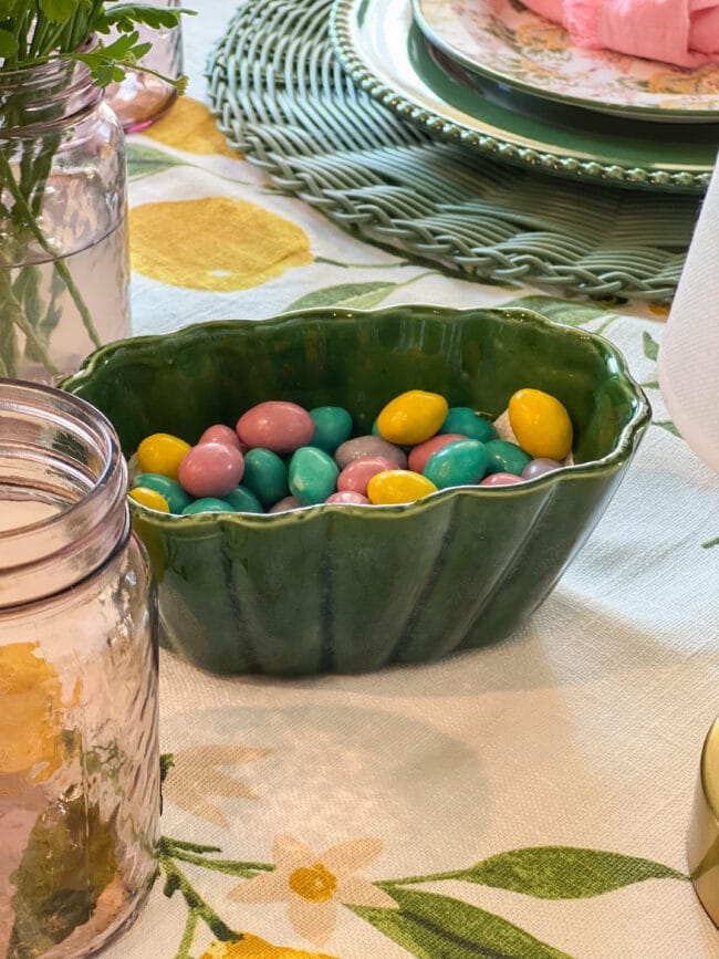 Pastel M&M's in a vintage green bowl