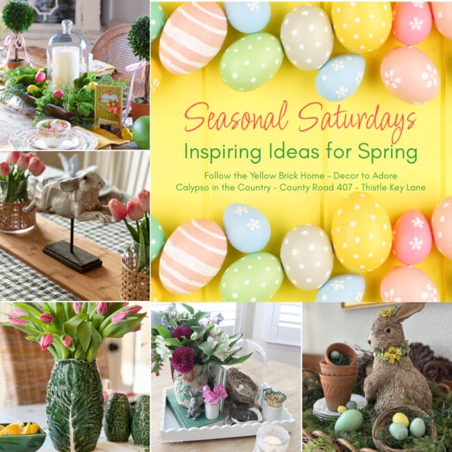 collage with yellow square that says seasonal saturdays and 5 other squares with spring decor