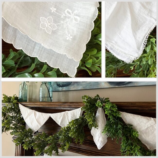 collage of a handkerchief banner with faux boxwood garland hanging on a mantel