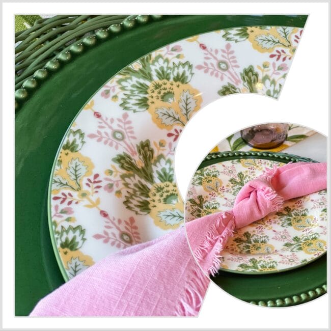 collage of pink and green damask plates with a pink cloth napkin