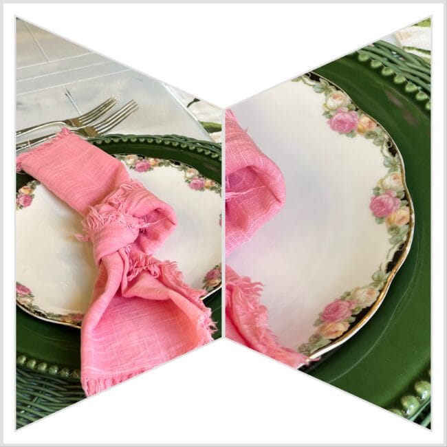 collage photo of vintage black and pink rose edged plates with a pink cloth napkin