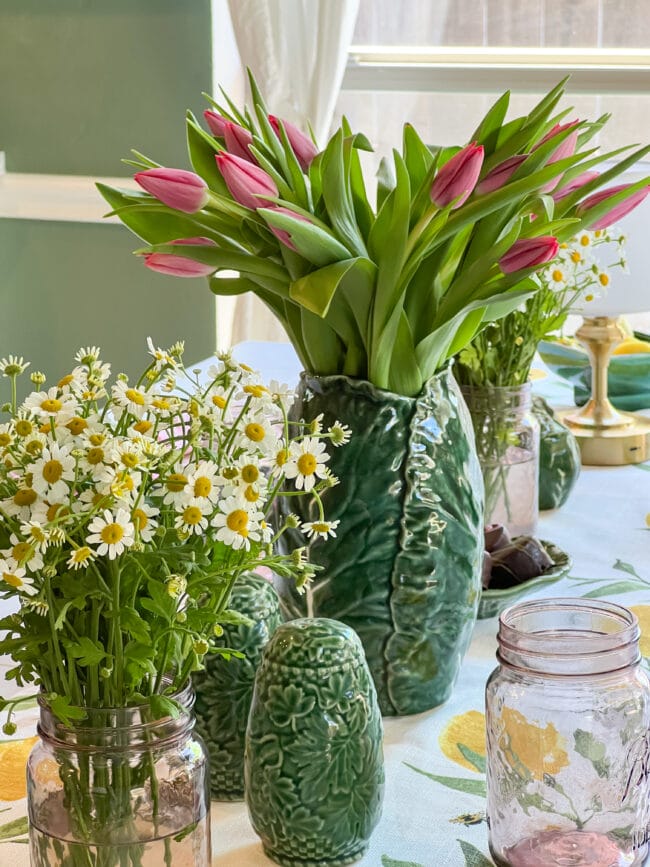tablescape with lettuce ware and fresh flowers
