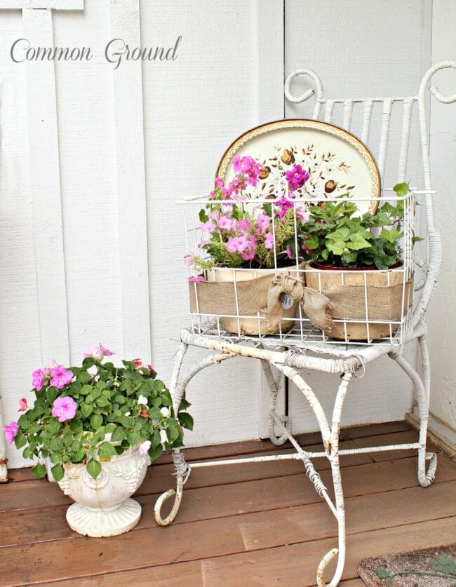 A wire basket with plants sitting on a white antique iron chair on a porch