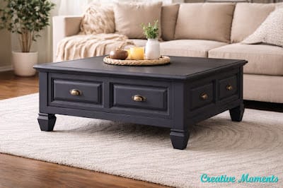 dark gray coffee table in front of a beige couch