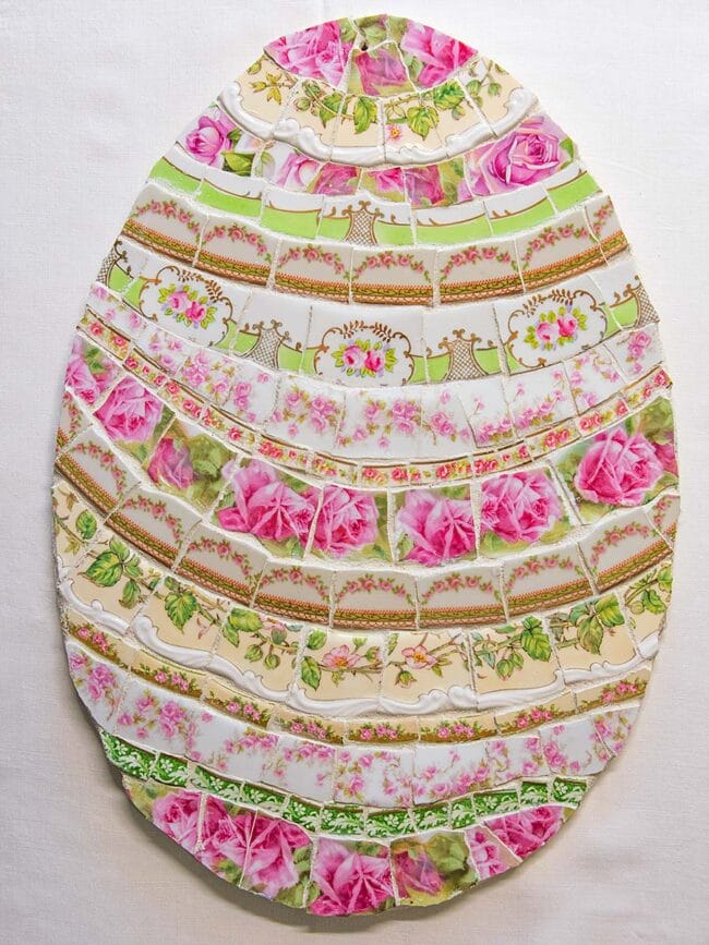 mosaic egg with tiles in pinks and greens