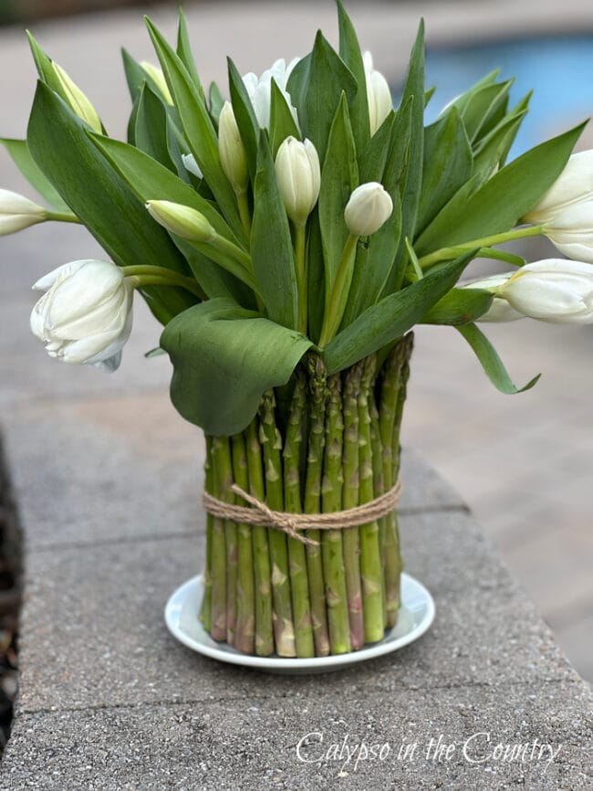asparagus around a vase with white tulips sitting on a dish outside