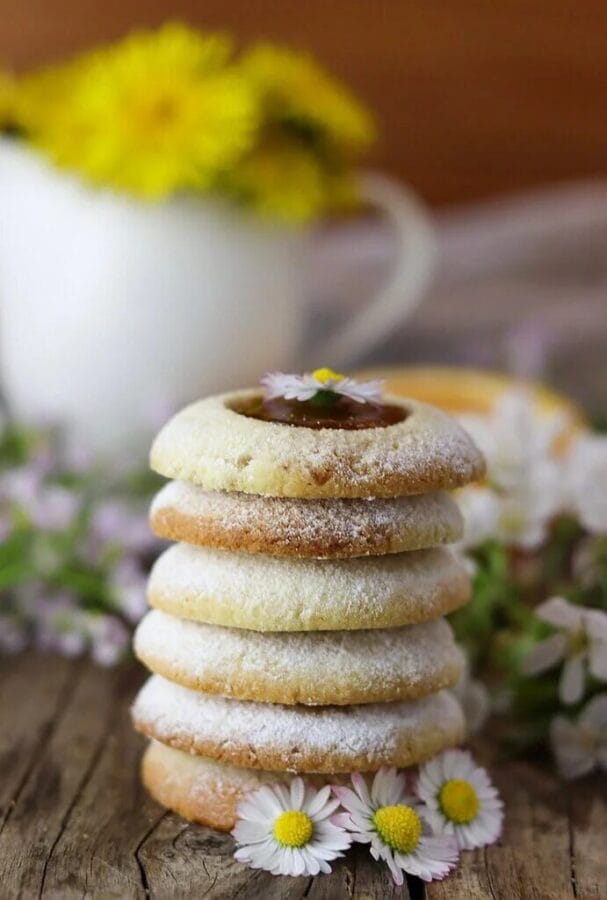 stack of dandelion thumbprint cookies