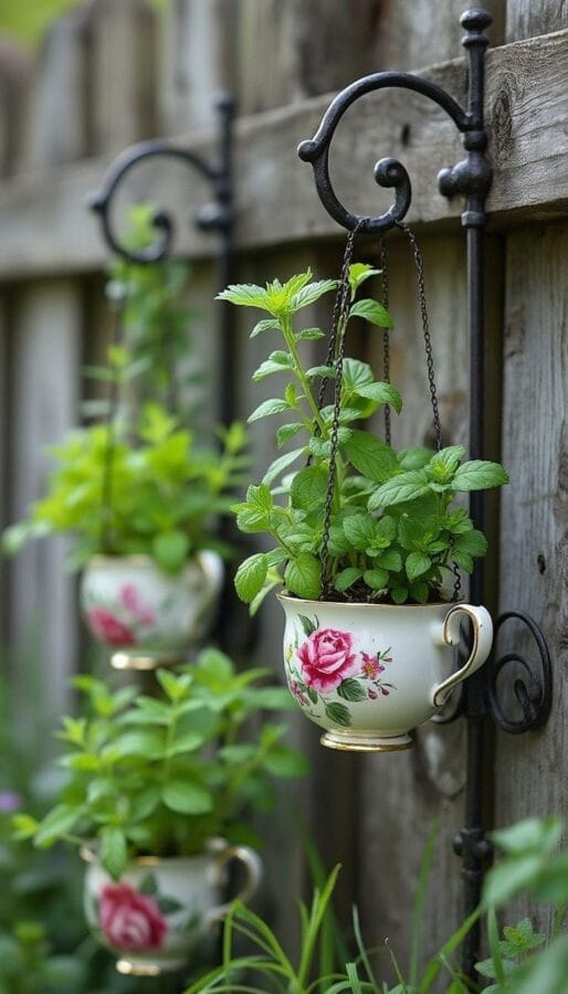 vintage tea cups with plants hanging on a fence