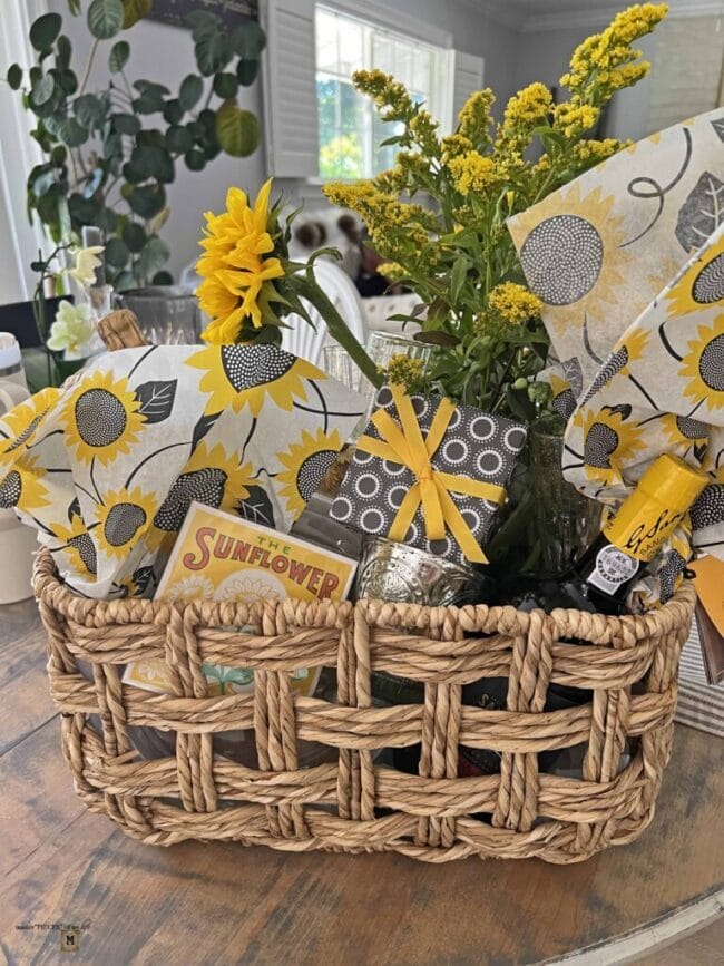 yellow and black sunflower themed gift basket 