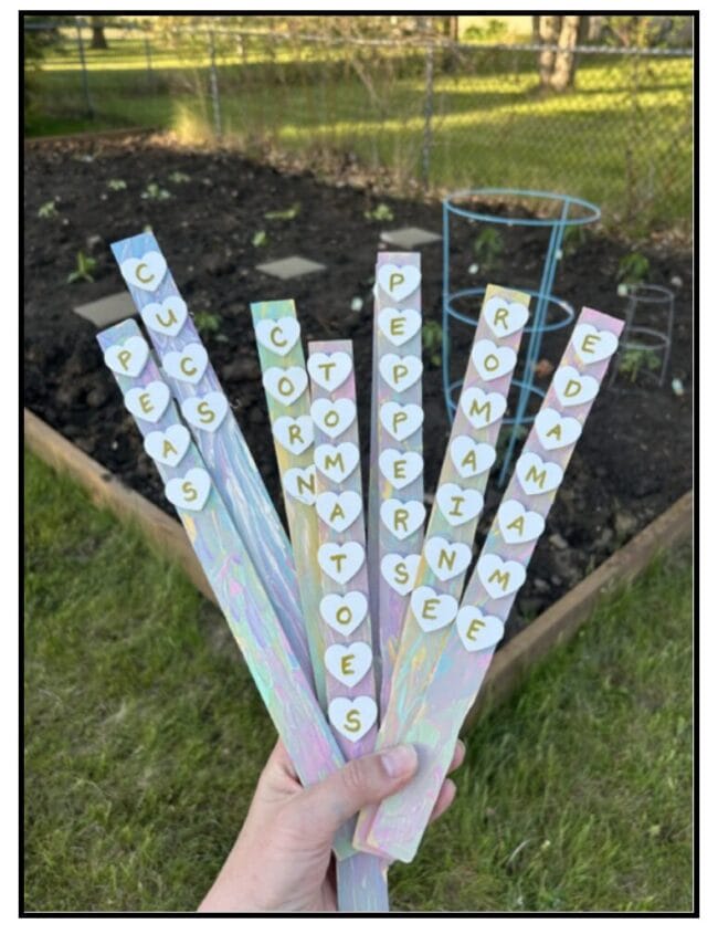 a hand holding up handmade garden sticks