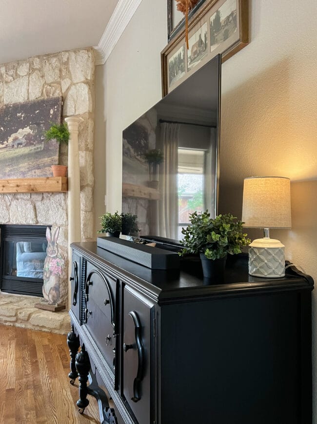 black TV cabinet with tv, small plants and lamps