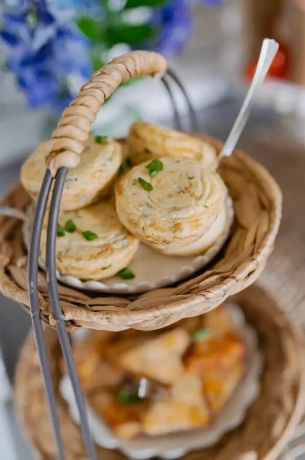tiered basket stand with homemade egg bites in it