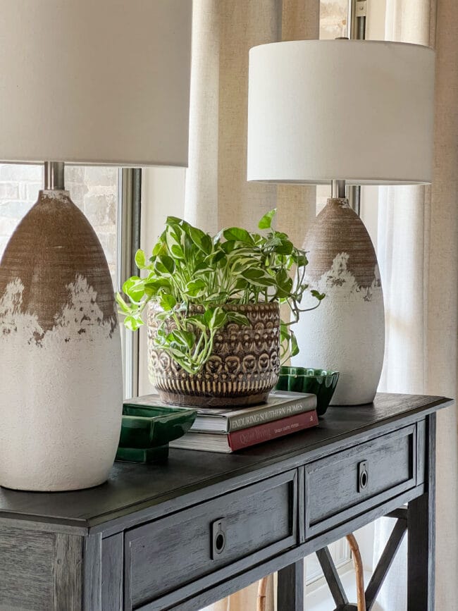 two white lamps sitting on a black sofa table with a plant in the middle sitting on top of books