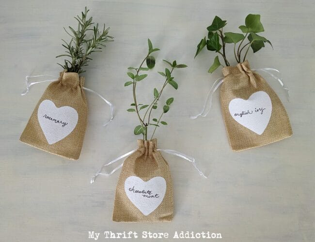 3 burlap bags with heart labels and plants inside