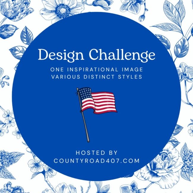 blue and white Design Challenge graphic with a small flag in the middle of the blue circle