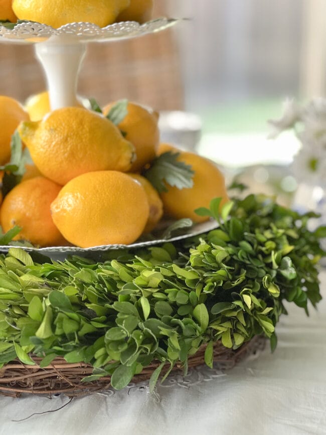 close up of a boxwood wreath under a place of real lemons