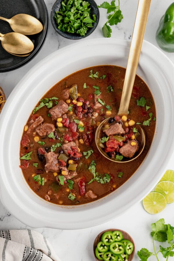 white crockpot of dark beef soup with a ladle inside